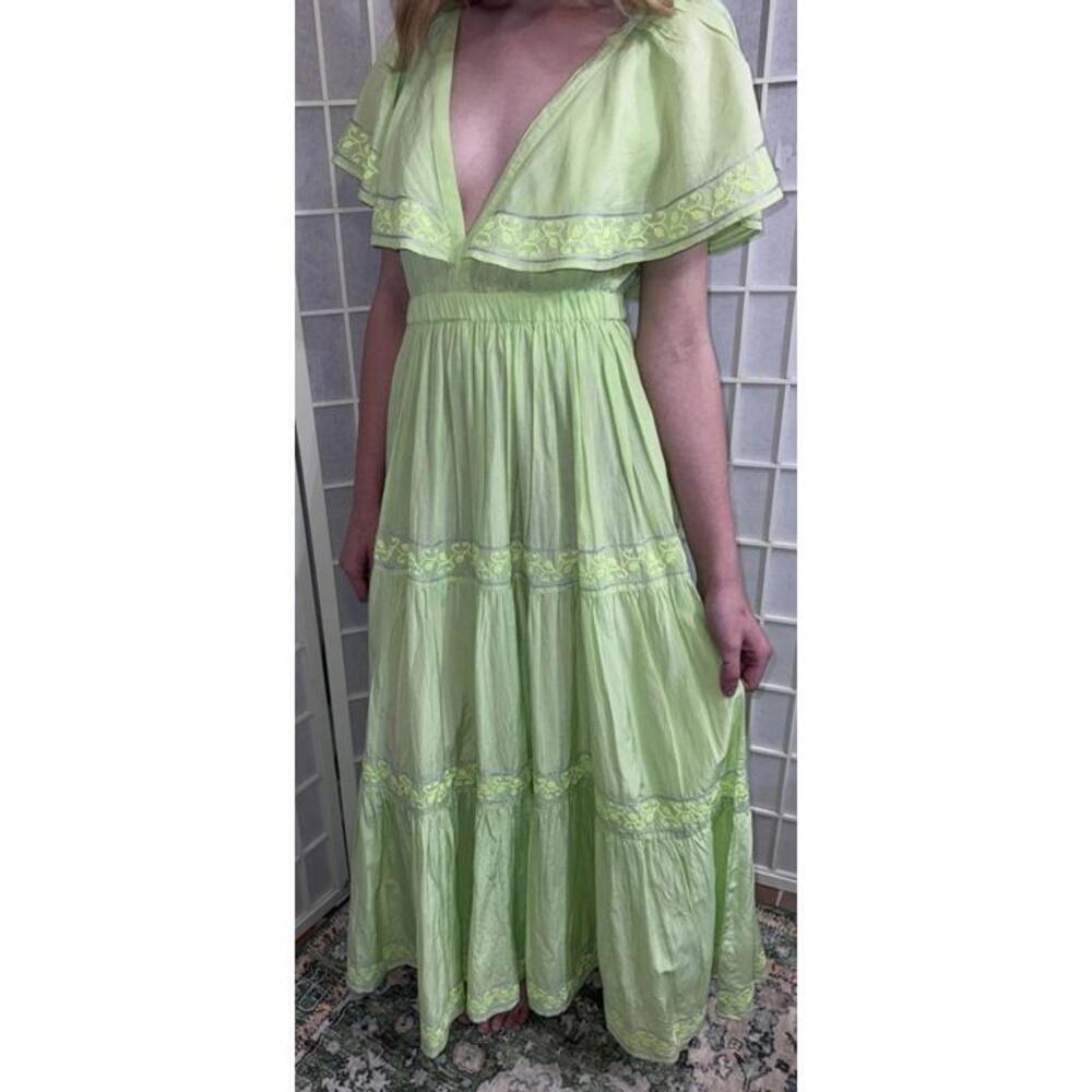 Pranella Embroidered Tiered Flutter Sleeve Floral Boho Beach Designer Dress S/M